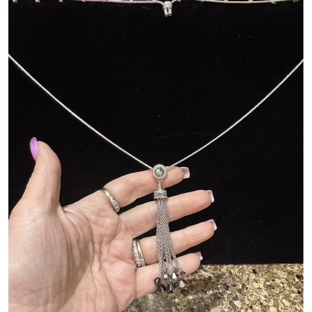 Touchstone Crystal Double Take Silver Night Pendant Necklace 30" Adjustable NEW